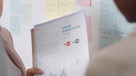 young business woman using sticky notes brainstorming problem solving with diverse colleagues sharing creative ideas for solution in office meeting