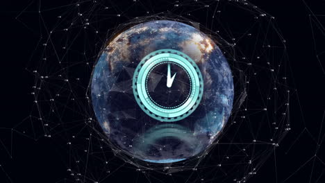 animación de reloj de neón y red de conexiones sobre un globo giratorio sobre fondo negro