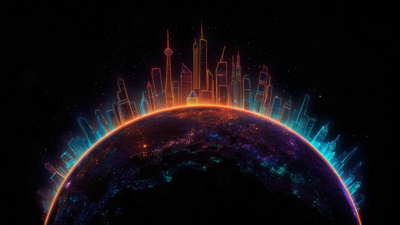 Luminous orange and blue neon skyscrapers materializing on the surface of a stylized planet, representing concepts of globalization, futuristic urbanization, technology, and worldwide connection