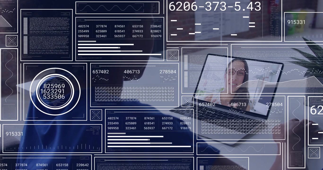 User leaning at laptop while remote host starting HUD gauges overlaying head updating for business