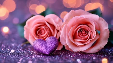 roses and sparkling hearts. two pink roses and a glittery purple heart against soft bokeh lights create a romantic vibe.