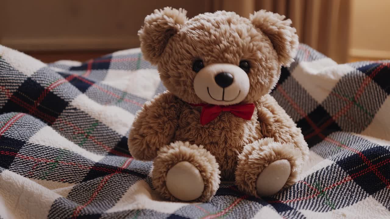 Una acogedora escena en vídeo de un oso de peluche sobre una manta de cuadros, capturada desde un ángulo bajo, creando un ambiente cálido