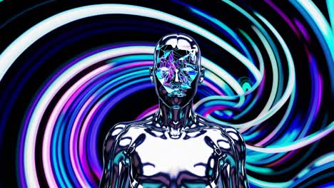 metallic robot face with colorful background
