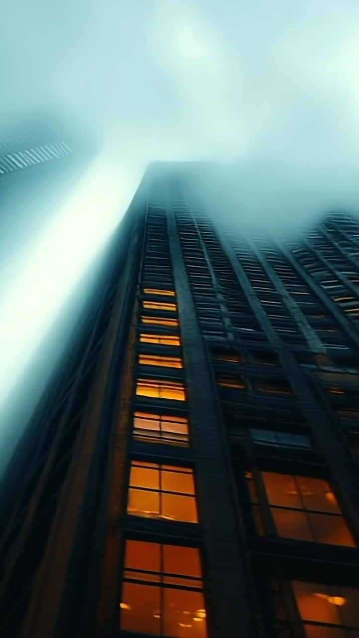 City skyline lit by beams. Tall buildings rise into a foggy sky, illuminated by strong beams of light shining through the mist at night.