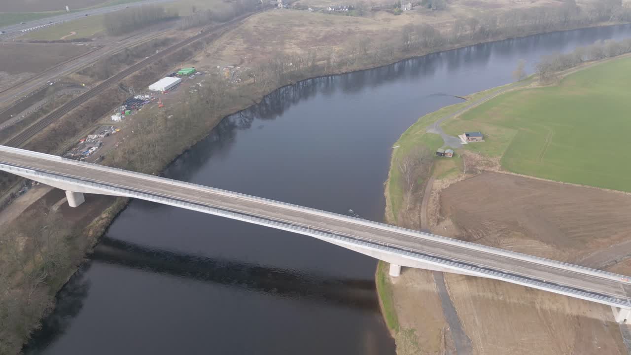 Bird's eye view of the historic new bridge over River Tay in Perth, Scotland