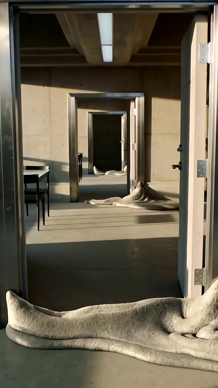 Verticale video: Hendel draait, witte deur zwaait open naar betonnen hal met gedrapeerde kunst.