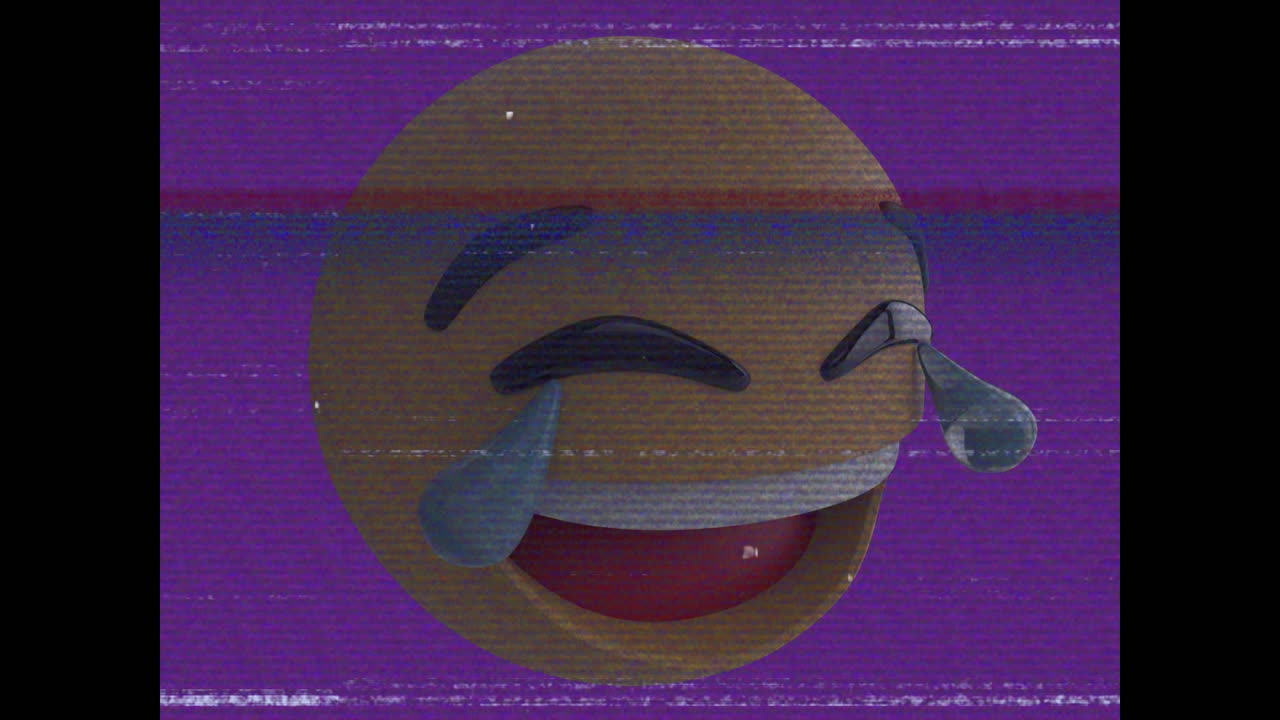 Animation of cry emoji over noise on screen on purple and white background