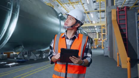 ingeniero masculino asiático con casco de seguridad mirando la tableta en su mano y mirando a su alrededor mientras estaba de pie en la fábrica de fabricación de tubos