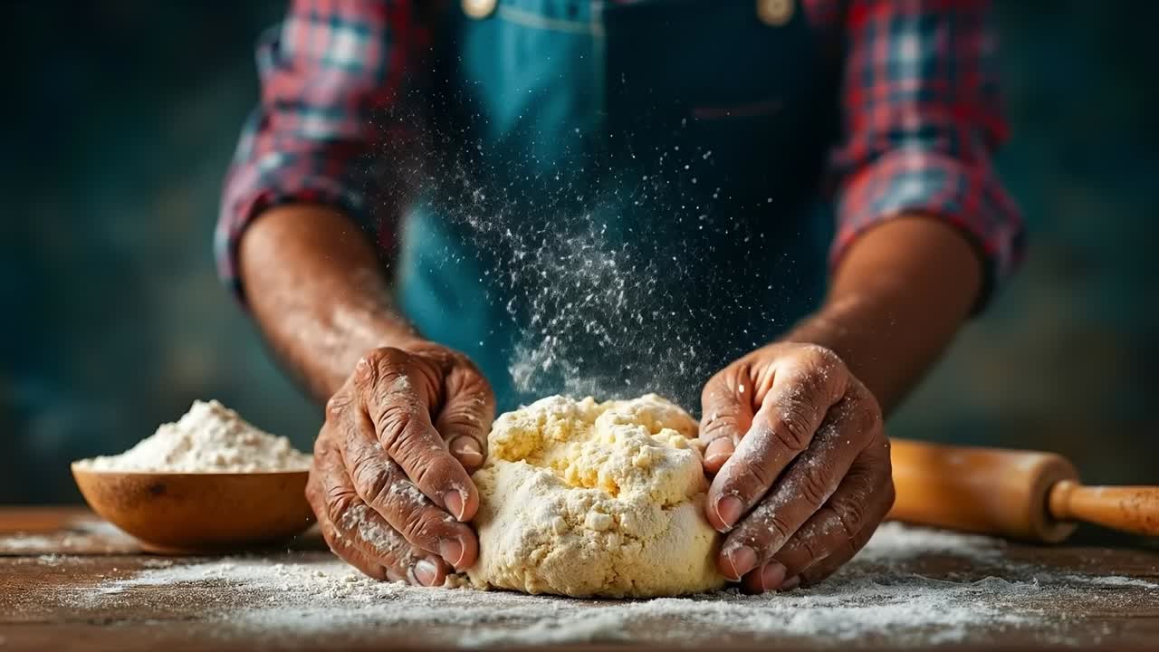 A person kneading dough on a wooden table with a rolling pin