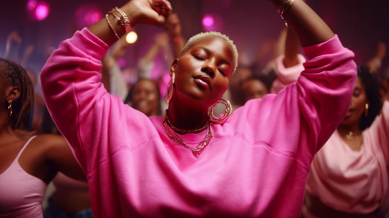 A vibrant celebration of joy and self-expression, showing a confident individual surrounded by a lively crowd, embodying the spirit of dance and togetherness in a colorful atmosphere