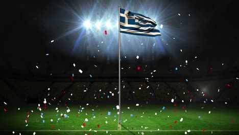 Animation-of-falling-confetti-over-waving-flag-of-greece-on-pole-against-lights-in-empty-stadium
