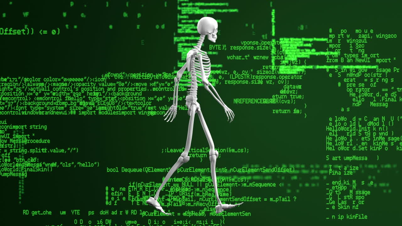 Animation of human skeleton model walking over data processing in green and black space