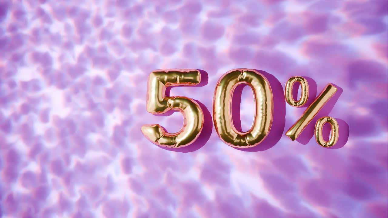 50% dorado flotando por encima de las ondas de agua en fondo rosa vertical