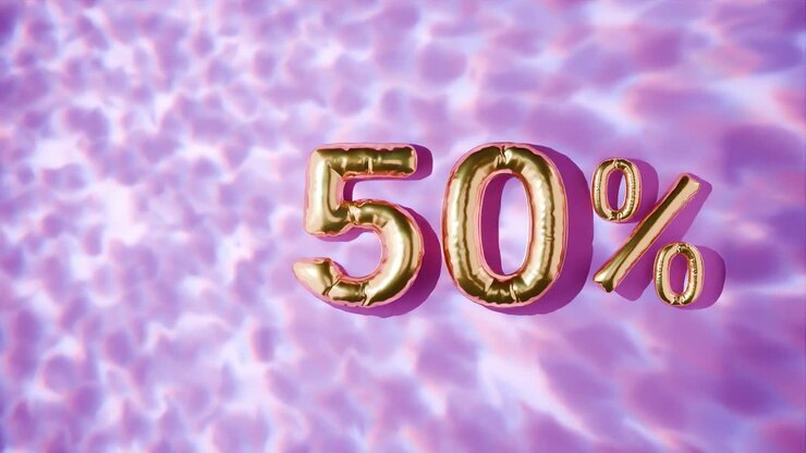 50% dorato fluttuante sopra le increspature dell'acqua su sfondo rosa, verticale