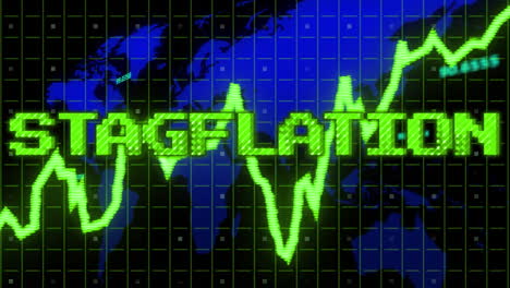 animación del texto de la estanflación en verde sobre el gráfico y el mapa del mundo azul con datos de procesamiento