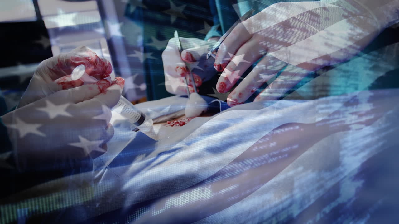 Animation of flag of usa waving over surgeon in operating theatre