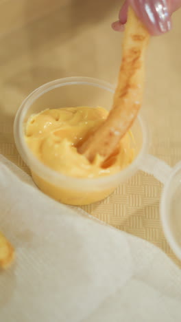 primer plano de las papas fritas crujientes sumergidas a mano en una salsa de queso cremosa en una bandeja beige con fondo borroso e iluminación suave, un bocadillo vibrante y delicioso servido con comida rápida en un entorno casual