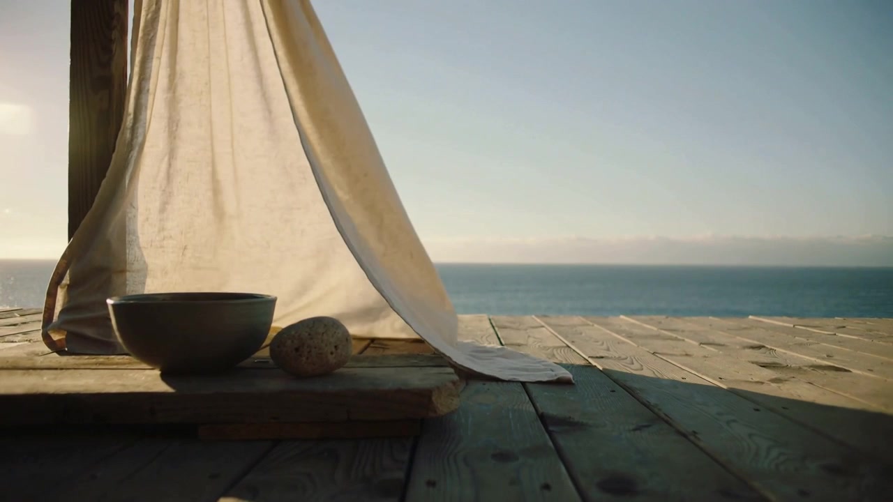 Billowing curtain unfurling from sea breeze on wooden deck, revealing ocean, bowl and stone staying