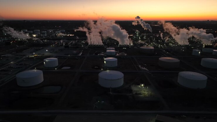 Silhouette of oil refinery and fuel storage tanks