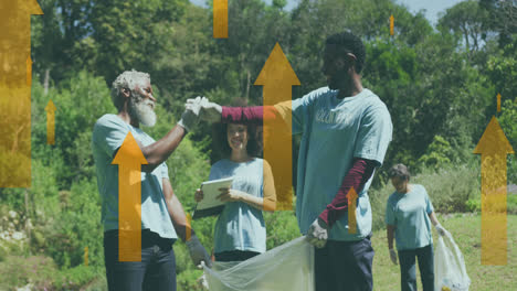 animation of rising arrows over happy african american family picking up rubbish in countryside