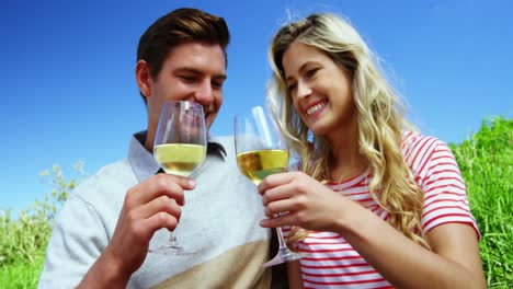 Happy-couple-toasting-glasses-of-wine-in-vineyard