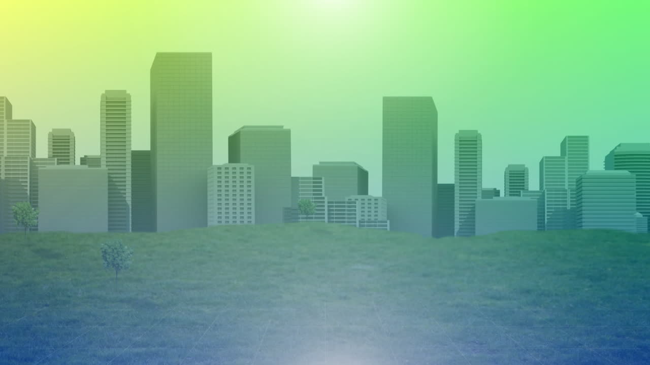 Animazione di gruppo di professionisti con tonalità dal giallo al verde su sfondo di skyline cittadino