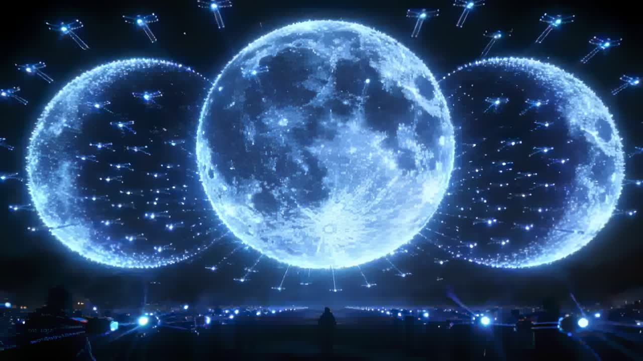 ショーが始まり、中央の月の球体と両脇の2つの月がアリーナで脈動し、ドローンが周回している