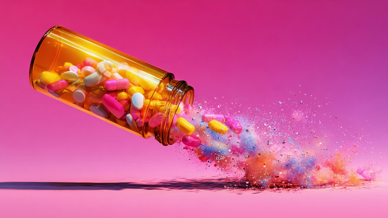 A Vibrant Display of Colorful Pills and Powder Exploding from an Open Bottle Against a Bright Pink Background, Showcasing the Dynamic Essence of Medication in an Abstract Artistic Style