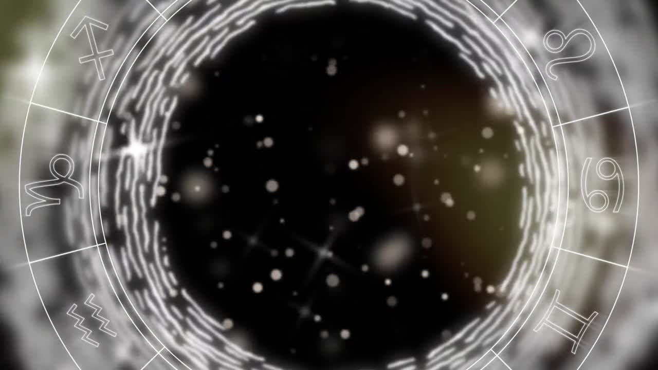 animación de la rueda del signo de la estrella giratoria con puntos de luz sobre fondo negro