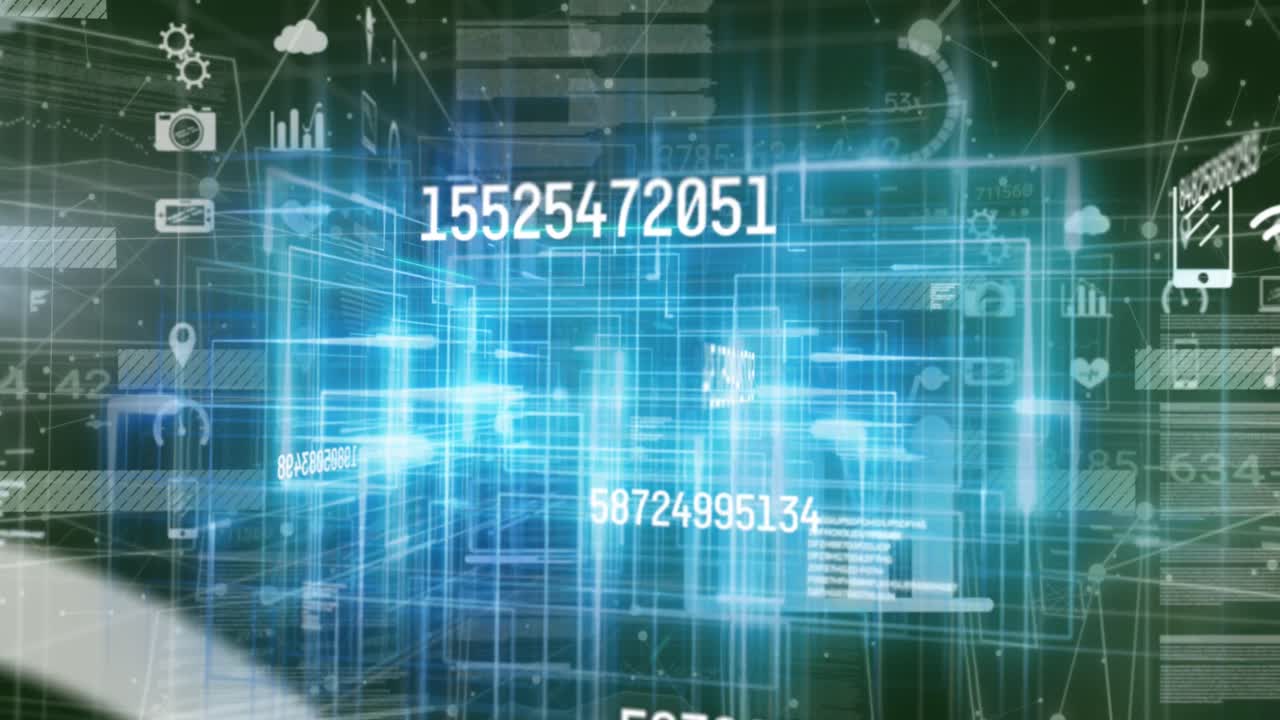 animación de números cambiantes e iconos sobre senderos de luz brillantes