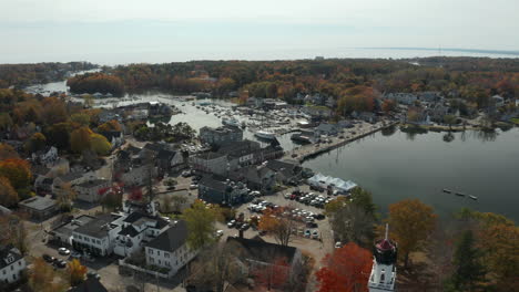 aerial view of town center along a river in fall, kennebunkport, maine