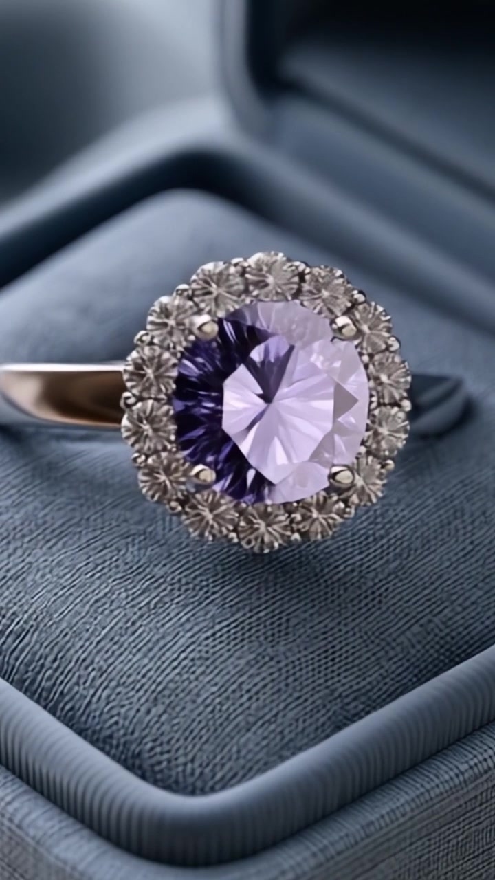 Squisito anello con gemma viola esposto elegantemente in una lussuosa scatola di velluto, che mostra un intricato design floreale e uno scintillio radioso sotto una luce soffusa.