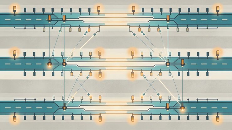Lighting topdown map showing 3 tracks with signals lighting junctions and central band routing