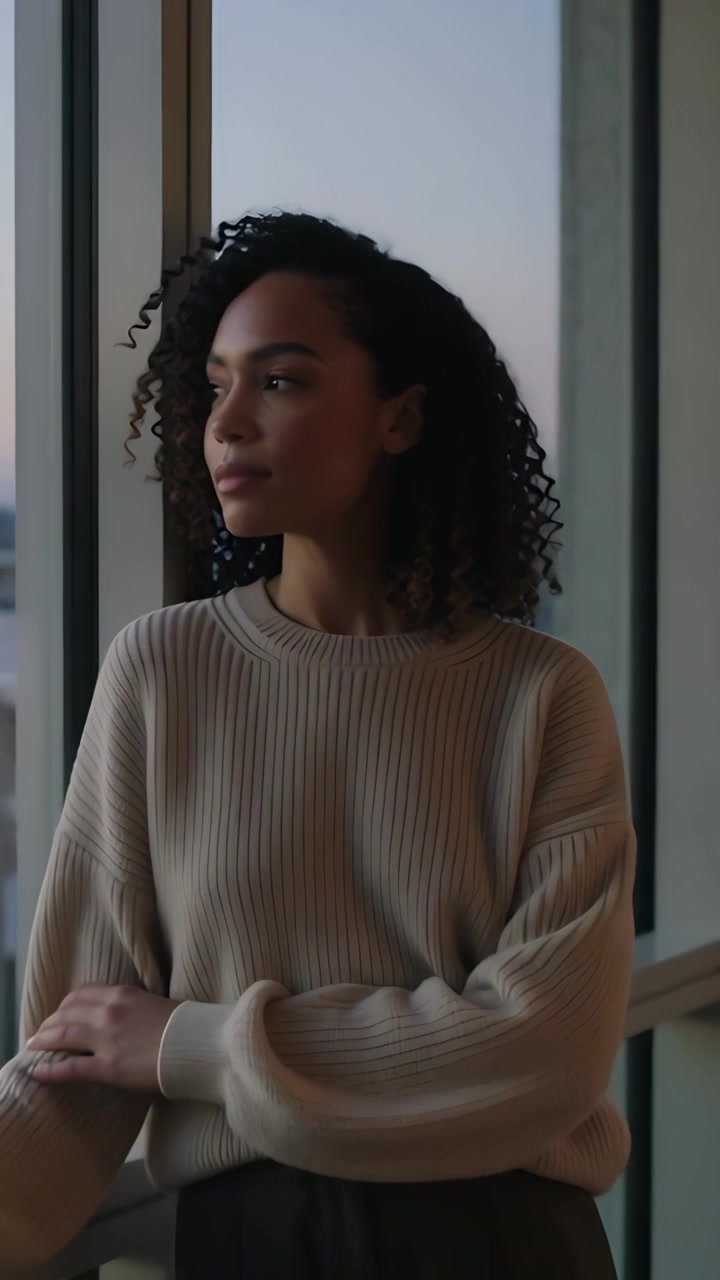 Vertical video: Camera zooming woman in sweater opening eyes folding arms on railing at home musing