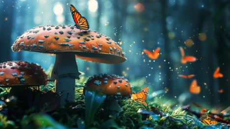 enchanted forest with mushrooms and butterflies