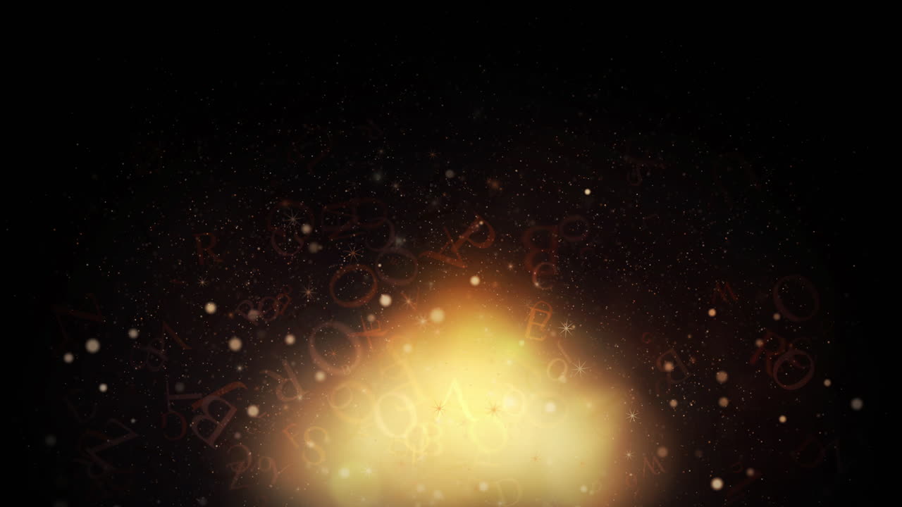 Yellow glow with flying letters, stars and dust particles on dark mystical background. Looped animation for school, learning.
