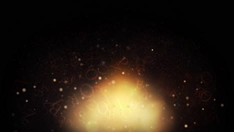 yellow glow with flying letters, stars and dust particles on dark mystical background. looped animation for school, learning.
