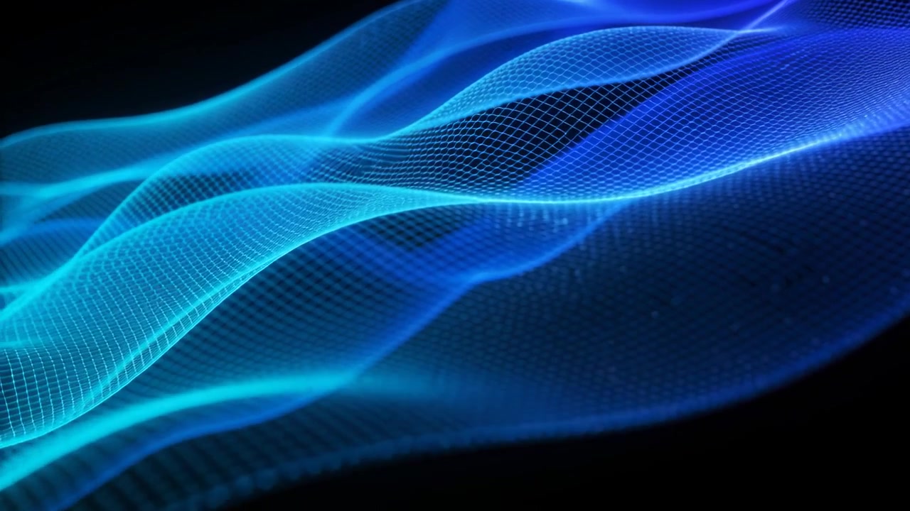 Emerging blue-cyan mesh ribbons undulating rightward in black void, creating fabric-like motion