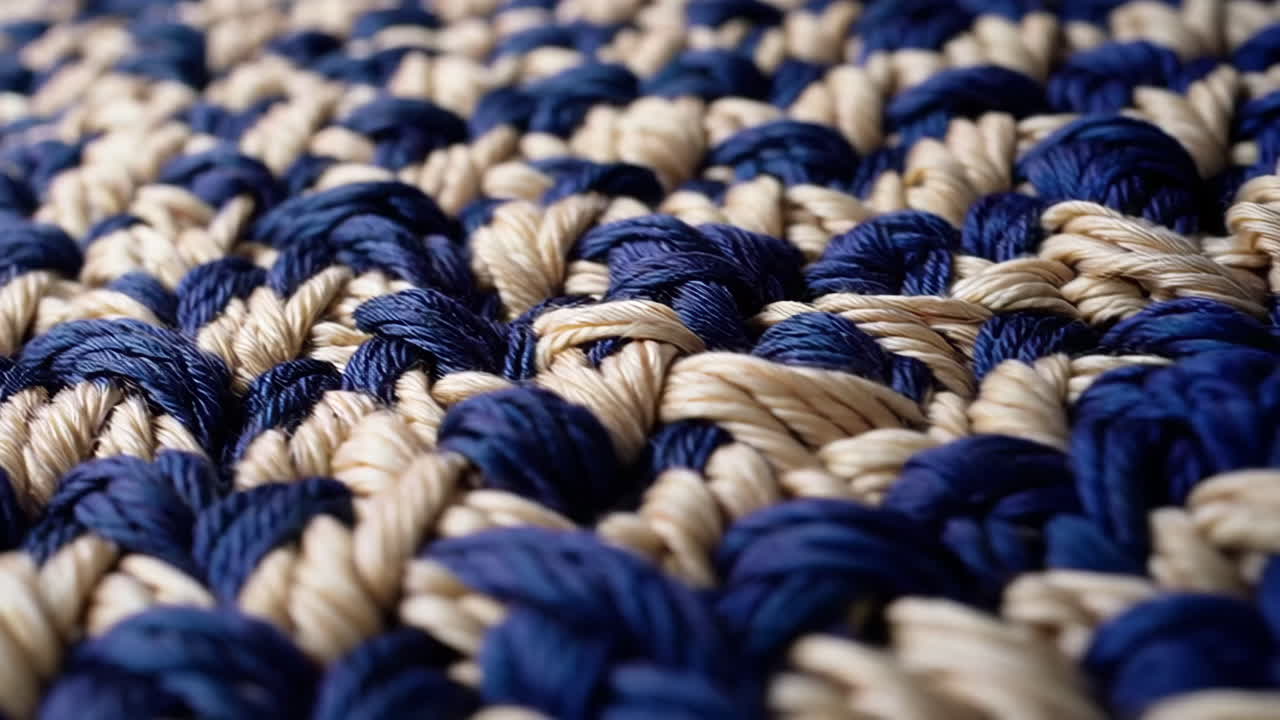 Close-up of a Woven Mat with Blue and Beige Threads
