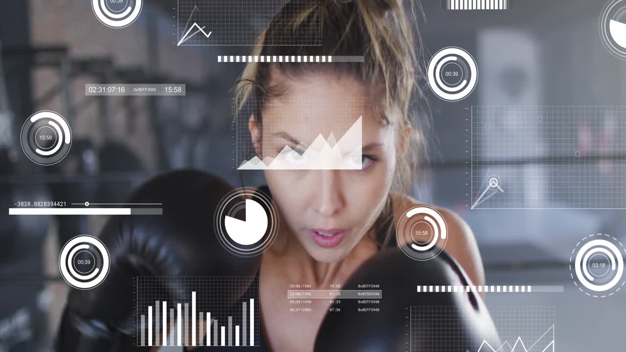 Female boxer shifting weight, throwing jabs for training, HUD tracking force, glove blocking view