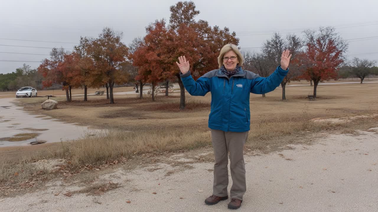 Joyful Woman Outdoors Embracing Autumn Nature Surrounded by Colorful Trees in a Picturesque Landscape during a Cloudy Day