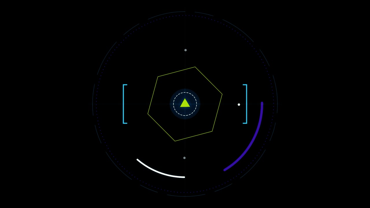 Futuristic Digital HUD Interface with Rotating Hexagon and Circular Elements