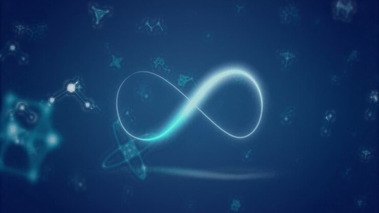 Animazione del simbolo dell'infinito su molecole su sfondo blu