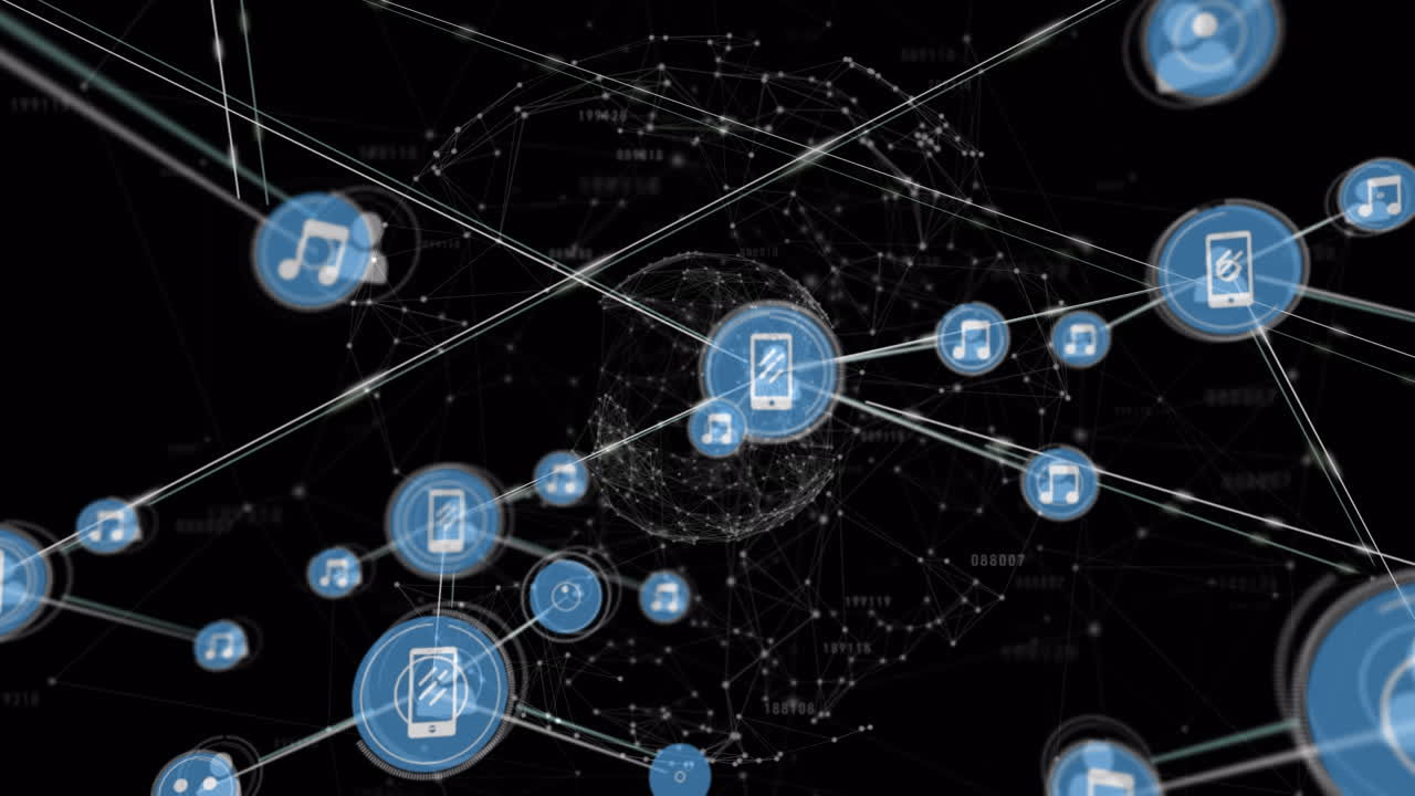 animación de una creciente red de iconos de medios que transfieren datos sobre un fondo negro