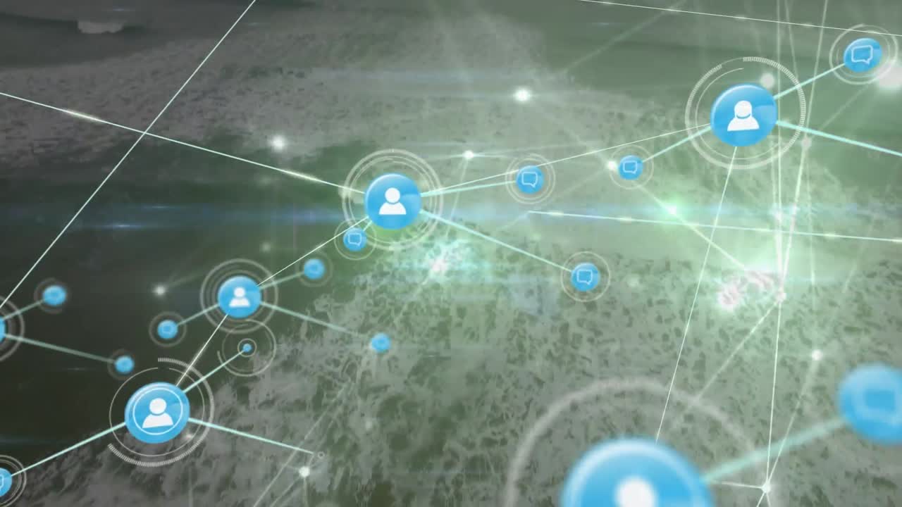 animación de la red de conexiones con las personas iconos sobre la costa