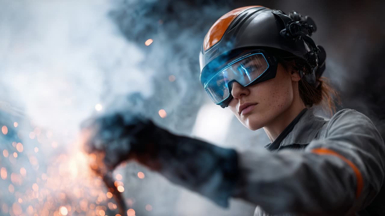 Focused Female Welder in Safety Gear Creating Sparks and Smoke While Engaged in Metalworking, Capturing a Moment of Skill and Precision