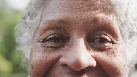 retrato en primer plano de los ojos de una mujer afroamericana feliz y anciana sonriendo en el jardín, en cámara lenta