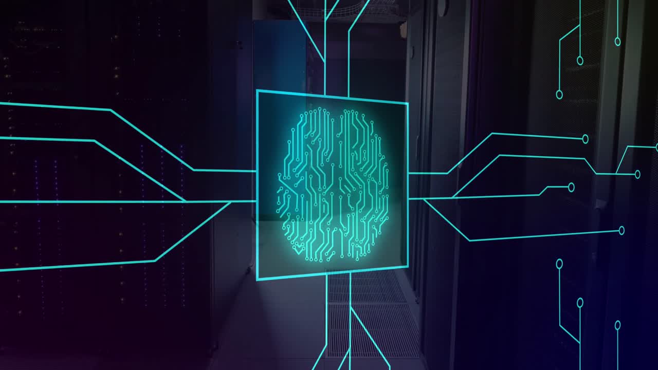Animation of illuminated circuit board pattern around brain in square over server room