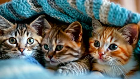 three kittens in a blue blanket