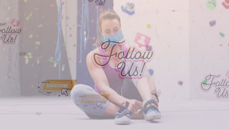 iconos del concepto de las redes sociales flotando contra la mujer caucásica en forma atando sus cordones en el gimnasio